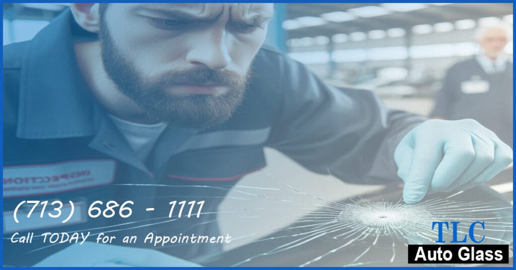 Close-up image of a cracked windshield on a car undergoing a Texas vehicle inspection. A mechanic in uniform examines the crack with a frown.